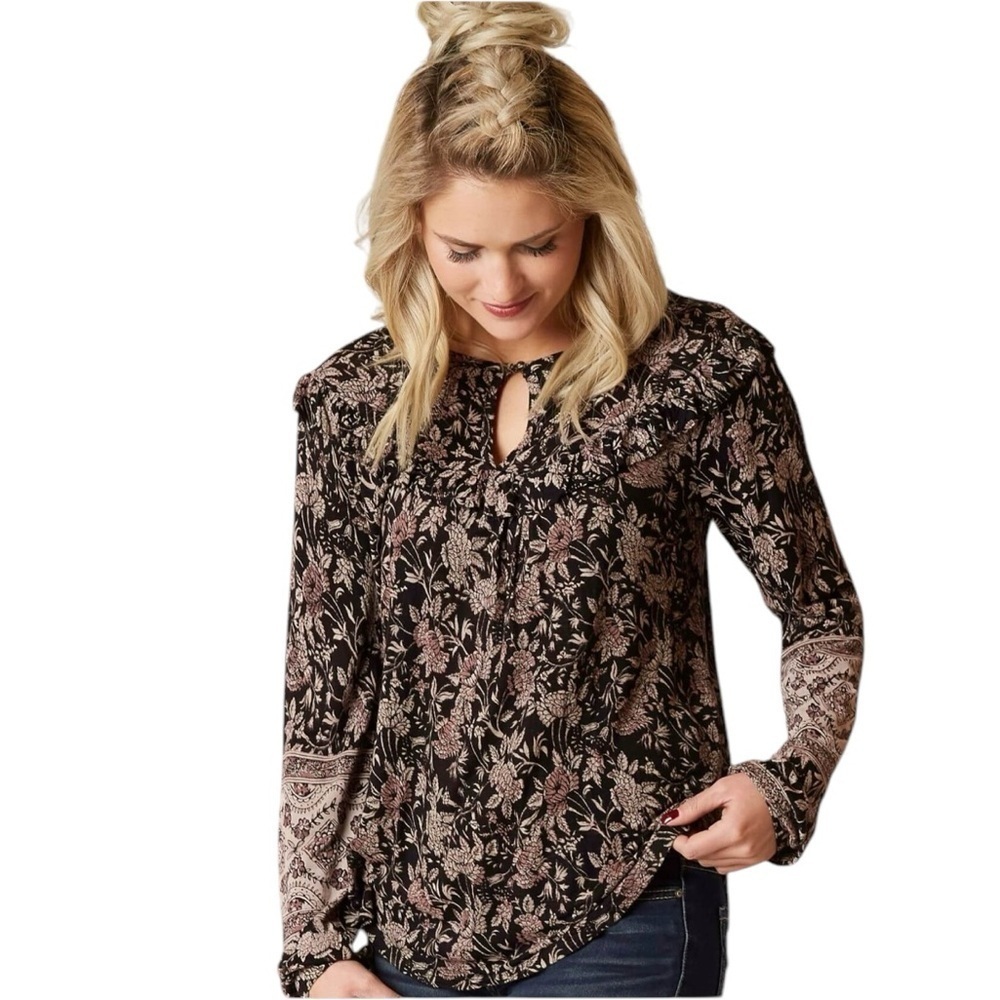 Lucky Brand Floral Boho Raw Edge Ruffle Tunic. Black Tan Multi. Size S #1302